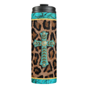 Teal Ornate Cross on Bold Leopard Print  Thermal Tumbler