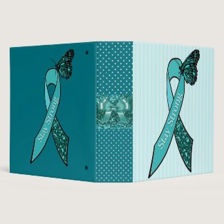 Teal Ovarian Cancer Awareness Ribbon and Butterfly 3 Ring Binder