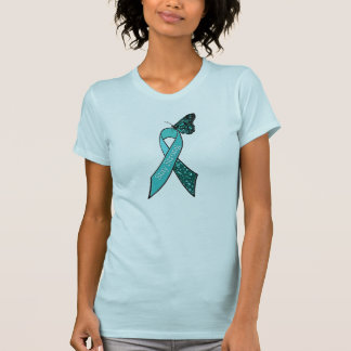 Teal Ovarian Cancer Awareness Ribbon and Butterfly T-Shirt