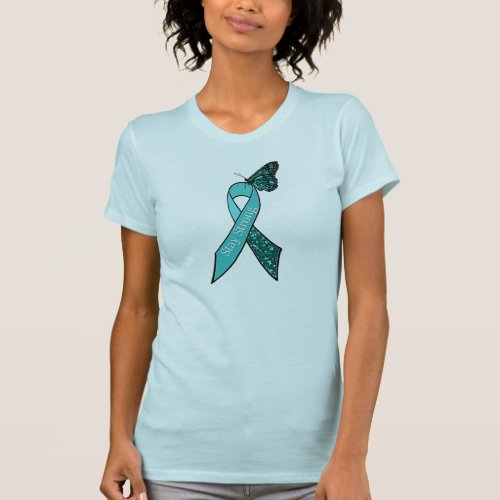 Teal Ovarian Cancer Awareness Ribbon and Butterfly T_Shirt