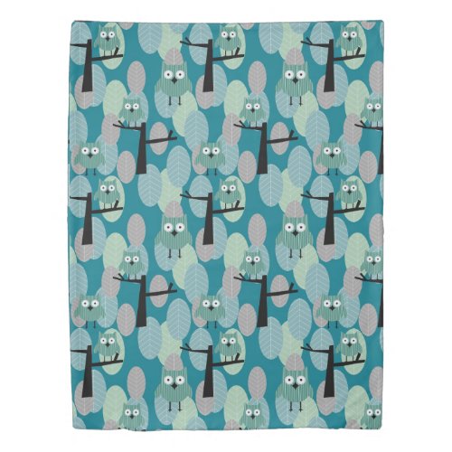 Teal Owl Midcentury Retro Woodland Blue Gray Green Duvet Cover