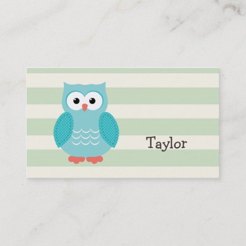 Teal Owl on Pastel Green Stripes Business Card