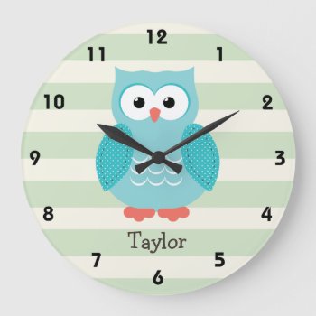Teal Owl On Pastel Green Stripes Large Clock by Birthday_Party_House at Zazzle