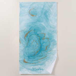 Teal Paint and Glitter Pattern Personalized Beach Towel