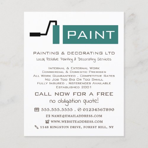 Teal Paint Roller Painter  Decorator Advertising Flyer