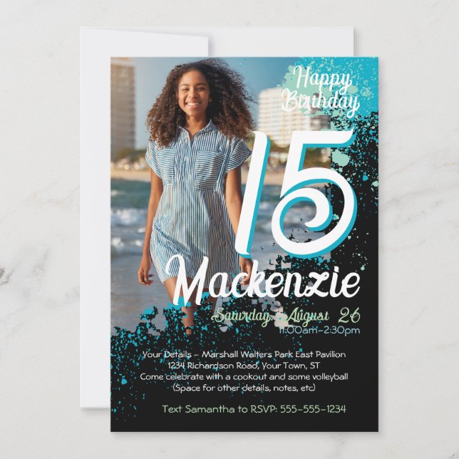 Teal Paint Splatter Photo 15th Birthday Invitation (Front)