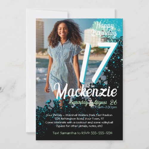 Teal Paint Splatter Photo 17th Birthday Invitation
