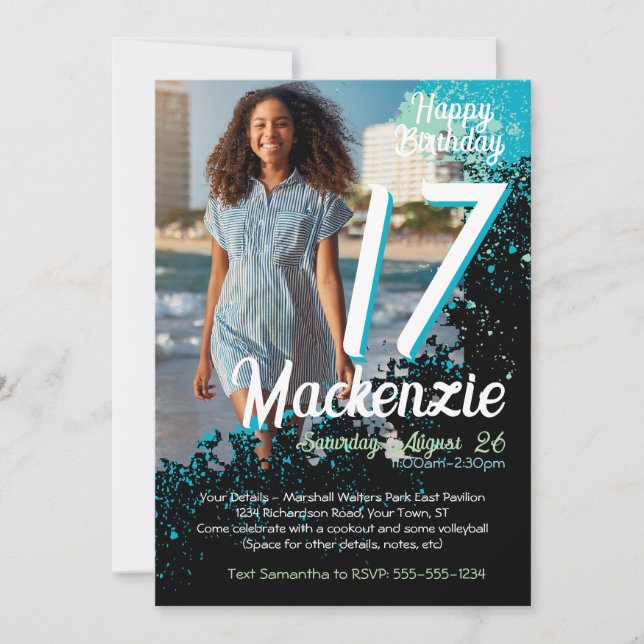 Teal Paint Splatter Photo 17th Birthday Invitation (Front)