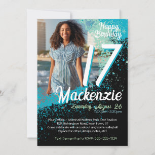 Teal Paint Splatter Photo 17th Birthday Invitation