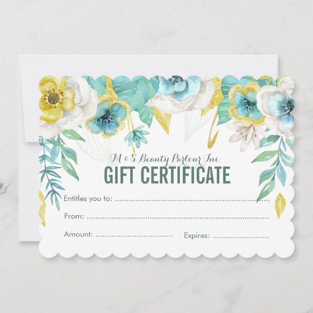 Teal Painted Floral Gift Certificate Template (Front)