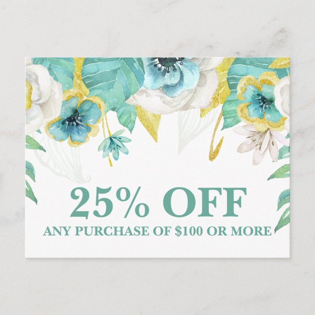 Teal Painted Floral Marketing Promotions Sale Postcard (Front)