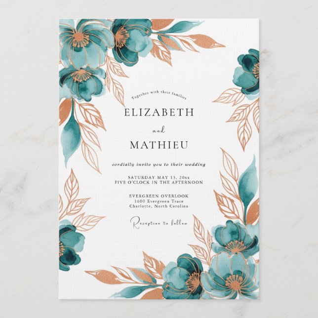 Teal Painterly Floral Romance Wedding Invitation (Front)