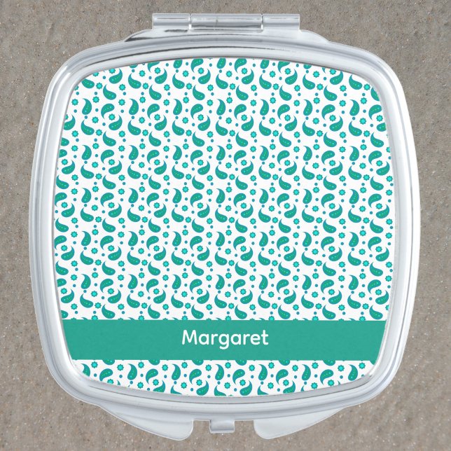 Teal Paisley Floral Pattern Boho Personalize Compact Mirror (A compact with a green & blue floral paisley with text you can personalize.)