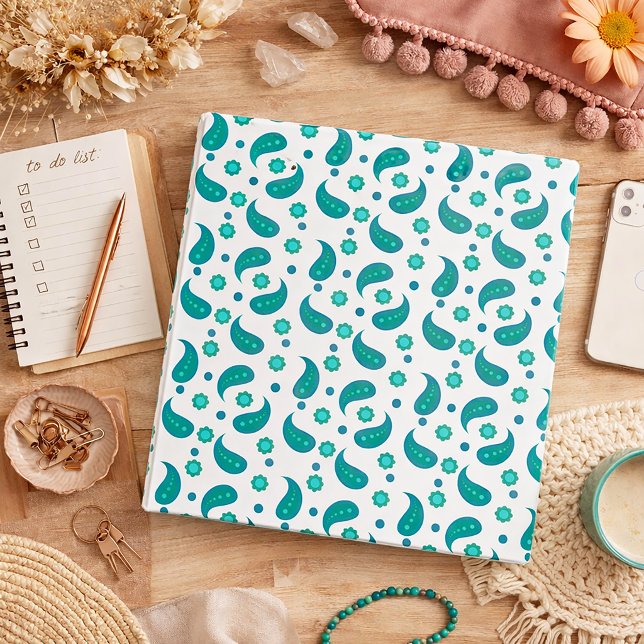 Teal Paisley Floral Pattern Modern Boho 3 Ring Binder (A binder with a boho floral paisely pattern done in blue & green.)