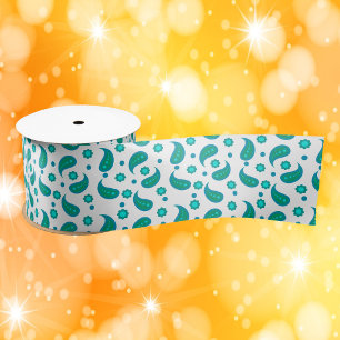 Teal Paisley Floral Pattern Satin Ribbon