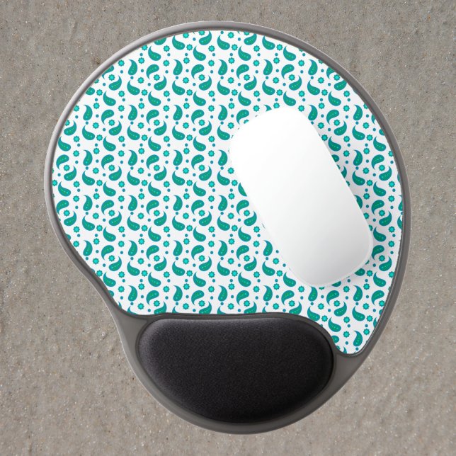 Teal Paisley Seamless Pattern  Gel Mouse Pad (A gel mouse pad with a floral paisley boho pattern done in blue and green)