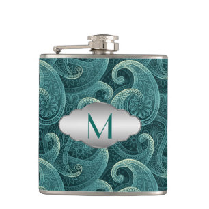 Teal Paisley Timeless Pattern Monogram Flask