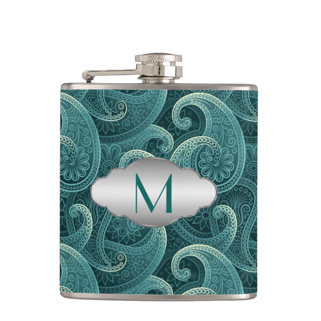 Teal Paisley Timeless Pattern Monogram Flask (Front)