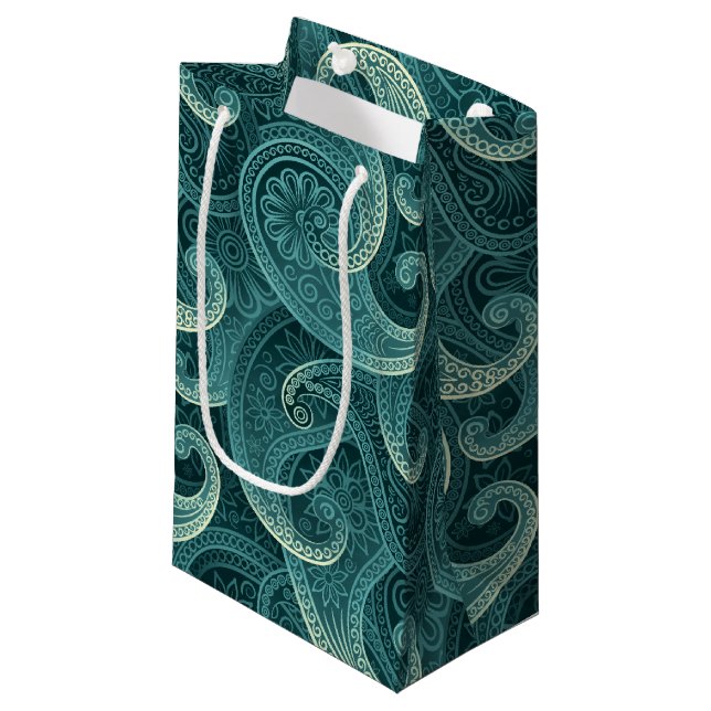 Teal Paisley Timeless Pattern Small Gift Bag (Front Angled)