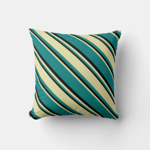 Teal, Pale Goldenrod, and Black Stripes Pillow