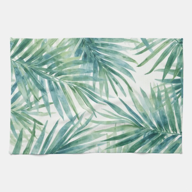 Teal Palm Leaves Kitchen Towel (Horizontal)