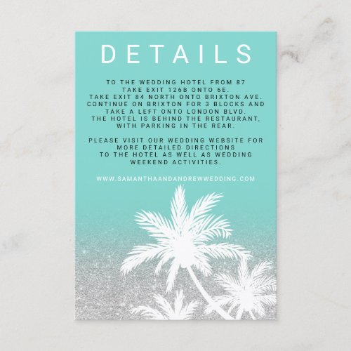 Teal palm tree silver turquoise wedding details enclosure card
