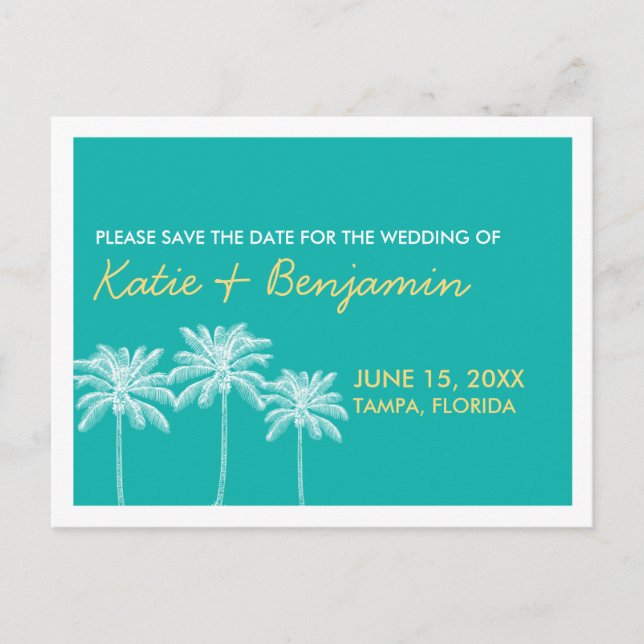 Teal palm trees summer wedding chic save the date announcement postcard (Front)