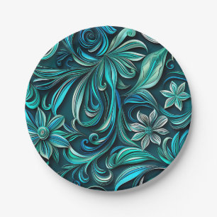 Teal paper flower seamless pattern plates