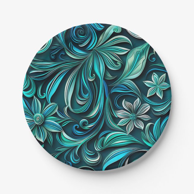 Teal paper flower seamless pattern  plates (Front)