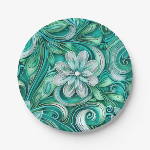 Teal paper flower seamless pattern  plates