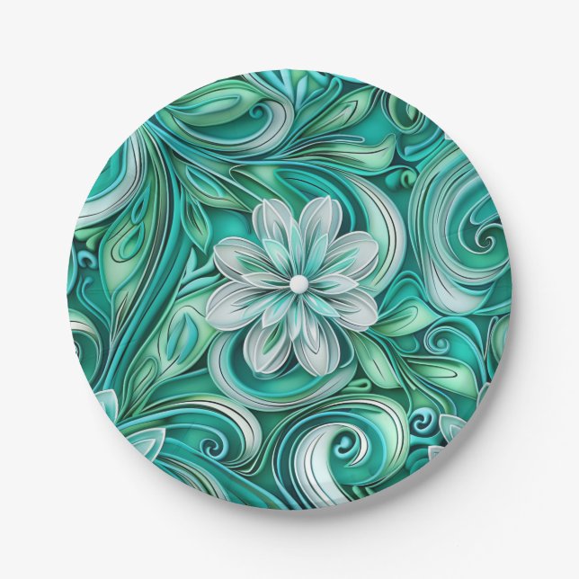 Teal paper flower seamless pattern  plates (Front)