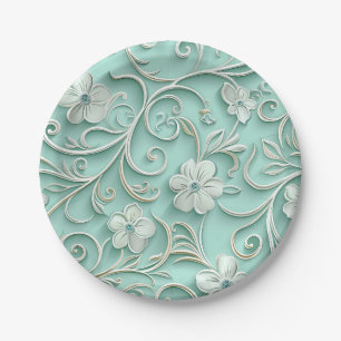 Teal paper flower seamless pattern plates