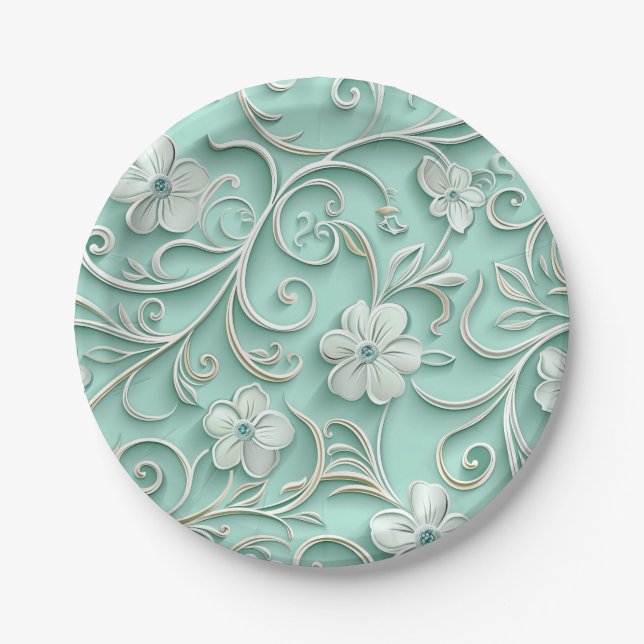 Teal paper flower seamless pattern  plates (Front)