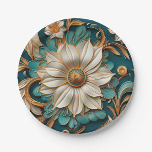 Teal paper flower seamless pattern plates