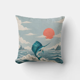 Teal Paper Sailfish Coral Sun Ocean Waves Throw Pillow