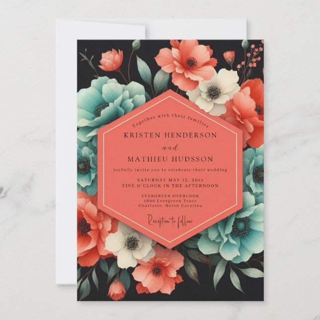 Teal Paprika Bloom Wedding Invitation (Front)
