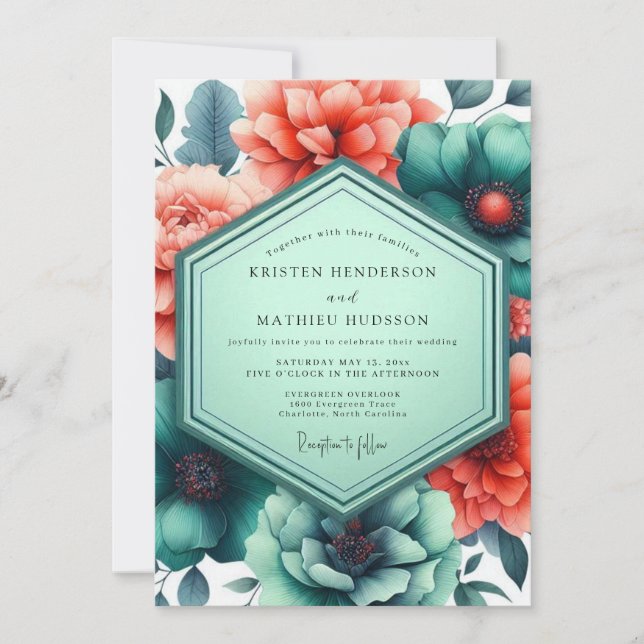 Teal Paprika Vibrant Flora Wedding Invitation (Front)