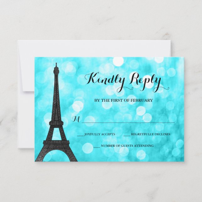 Teal Paris Bokeh Glitter Lights RSVP Card (Front)