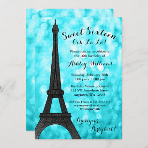 Teal Paris Bokeh Glitter Lights Sweet 16 Invitation