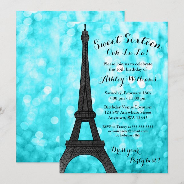 Teal Paris Bokeh Glitter Lights Sweet 16 Invitation (Front/Back)