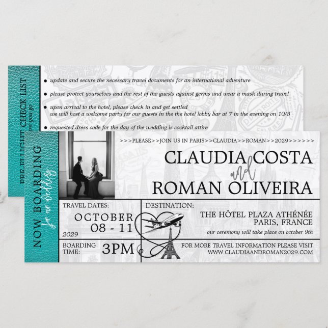 Teal Paris Wedding Boarding Pass Invitation (Front/Back)