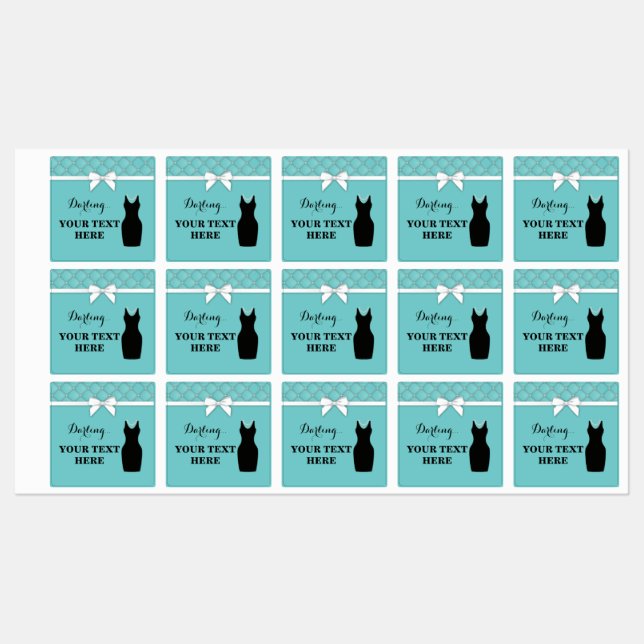 Teal Party Bow Pearls Black Dress Labels (Sheet)