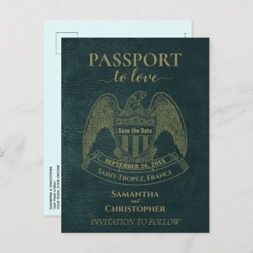 Teal Passport Cute Fun Wedding Save the Date Announcement Postcard