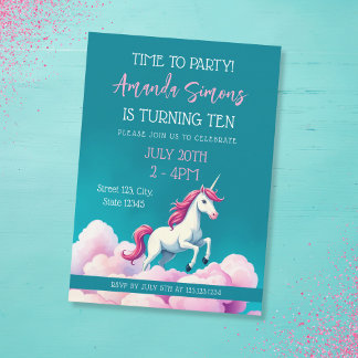 Teal Pastel Clouds Unicorn Girl 10th Birthday Invitation