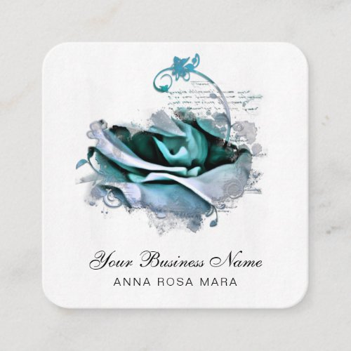  Teal Pastel Logo QR Rose Floral Flower  Square Business Card