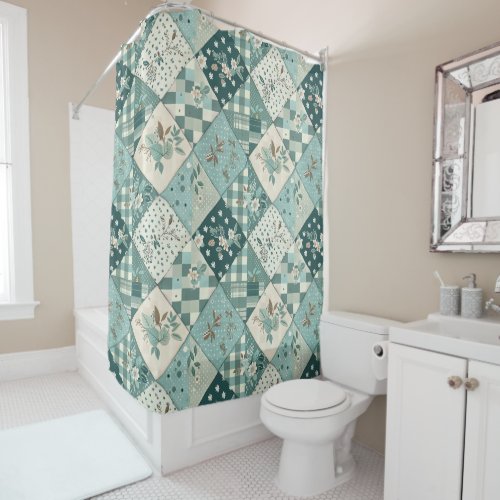Teal Patchwork Quilt Rustic Floral Retro  Shower Curtain