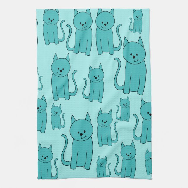 Teal Pattern of Cute Cats. Towel (Vertical)