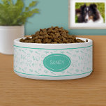 Teal Pattern Of Cute Dog Things With Custom Name Bowl<br><div class="desc">Destei's cute pattern of different kind of dog stuff including dogs in teal / turquoise and white color scheme. The pattern includes a standing dog profile and an illustration of a cute dog's head with floppy ears. There are also dog supplies and toys mixed in the pattern such as a...</div>