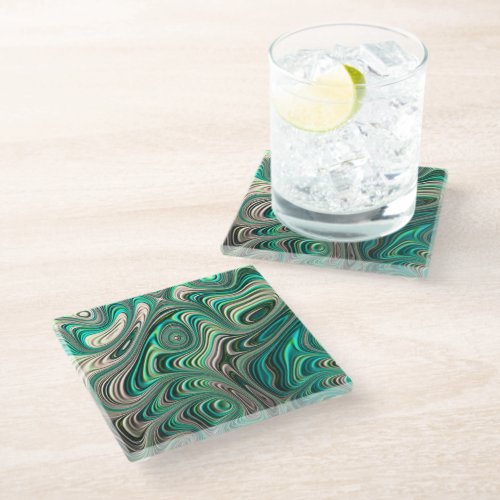 Teal Paua Abalone Shell Fractal Abstract Pattern Glass Coaster