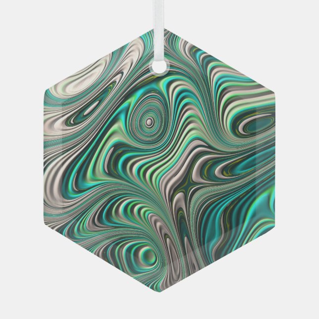 Teal Paua Abalone Shell Fractal Abstract Pattern Glass Ornament (Front)